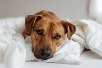 Brown dog resting on white blanket with relaxed expression