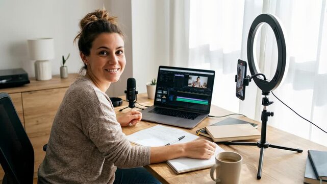 Woman content creator editing video on laptop, recording with microphone and ring light for social media or online broadcast