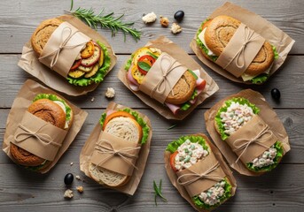 assorted gourmet sandwiches wrapped in paper with fresh ingredients on rustic wooden table
