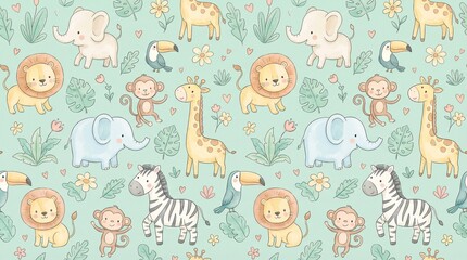Cute Jungle Animals Seamless Pattern in Soft Pastel Style for Kids
