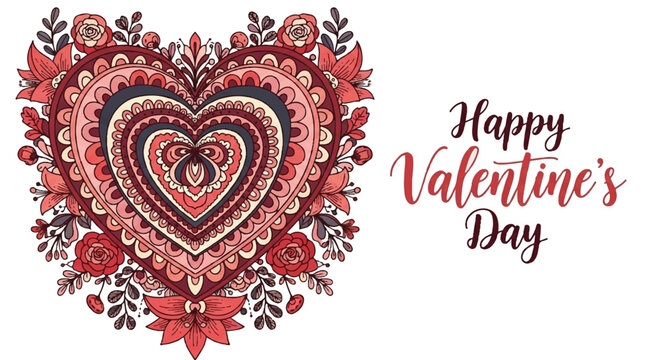 Intricate heart shape mandala surrounded by flowers and happy valentines day text
