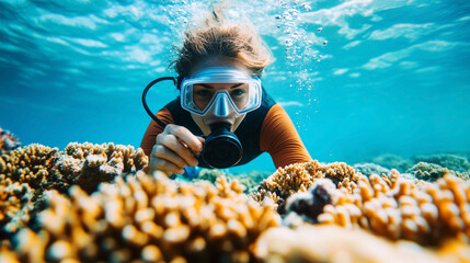A female scientist carefully observes coral reefs, highlighting the importance of underwater research and conservation