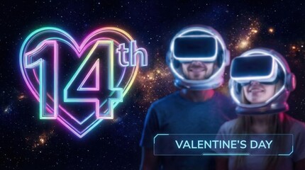 Fototapeta premium A couple in VR headsets celebrating a futuristic Valentine's Day in space. Man and woman in astronaut helmets with a glowing neon 14th heart sign in the metaverse