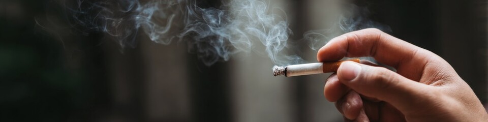 Obraz premium Caucasian adult holding smoking cigarette with rising smoke outdoors