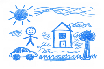Blue crayon child drawing of house, car, stick figure, sun and tree, representing childhood memories and imagination on transparent background