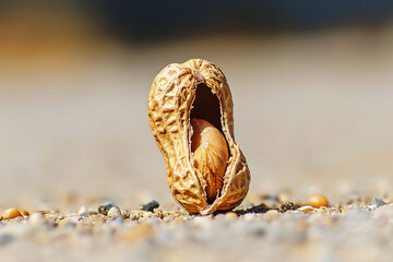 A single peanut rests on the ground, its shell split open to reveal the nut inside