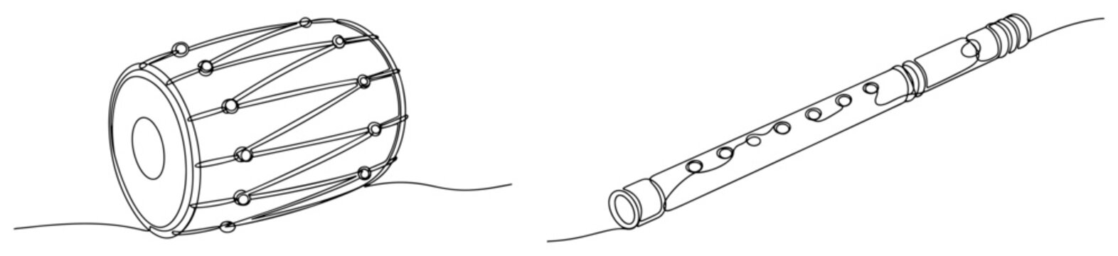 Traditional Indian Musical Instruments Continuous Line Art. Dhol Drum and Bansuri Flute Sketch. Folk Music Cultural Concept.