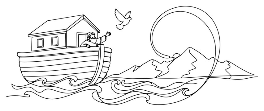 Noah's Ark with Dove and Mountains Continuous Line Art. Biblical Story Vector Illustration. Christian Religious Great Flood Concept.