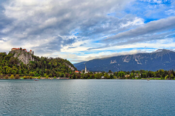 Bled Castle and St. Martin's Parish Church by the Lake Bled of Slovenia