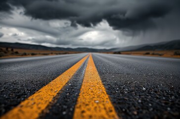Lonely Rainy Road Under Dark Clouds in a Mountainous Landscape