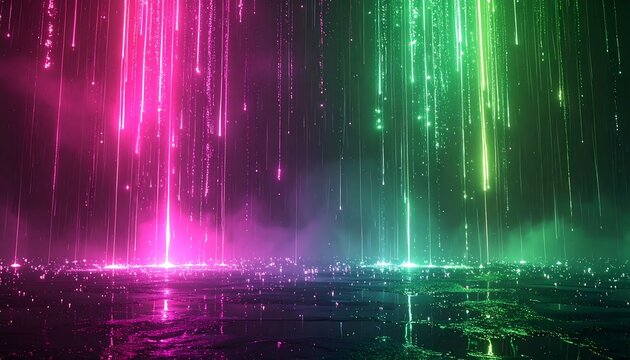 Digital rain of neon pink and green descends onto a reflective surface, creating a futuristic, ethereal glow. A dramatic, colorful abstract scene
