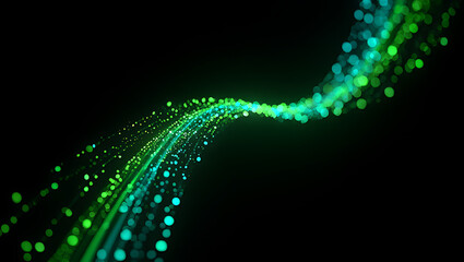 Abstract flowing stream of green and blue light particles on a black background texture glow