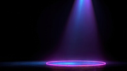 Luminous neon circle on dark stage under purple blue spotlight, soft glow and empty background for product reveal, concept for technology branding
