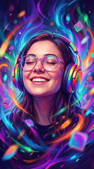 A woman listens to music with headphones while smiling. Bright colors surround her. The setting is vibrant with swirling lights and shapes. The scene shows joy in the moment