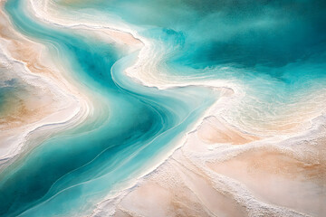 Abstract turquoise and beige mineral texture with flowing patterns, resembling natural stone, sand, and water formations.