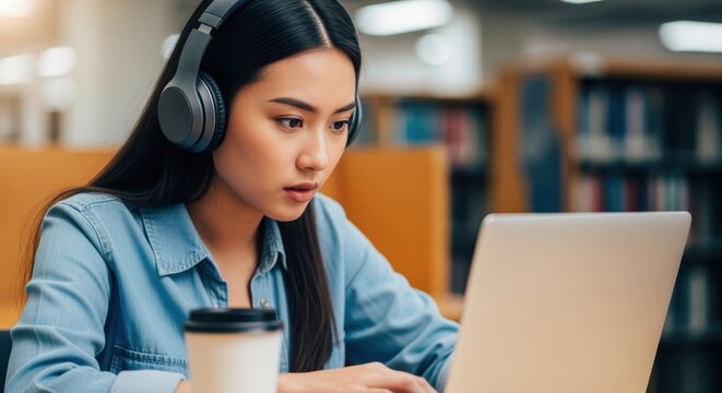 focused young woman in library using laptop and headphones for study session - Powered by Adobe