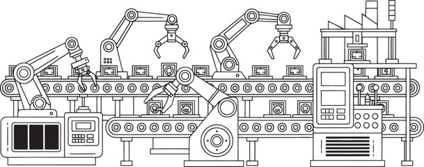 Obraz premium Black and white sketched industrial factory assembly line with robotic arms and machinery