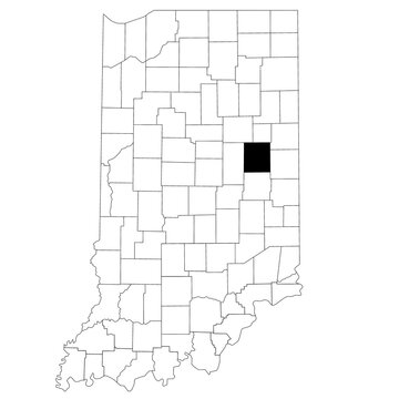 Map of Delaware County in Indiana state on white background. single County map highlighted by black colour on Indiana map. UNITED STATES, US