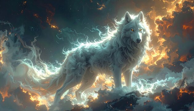 A majestic, ethereal canine emerges from a swirling, fiery cloudscape, exuding power with glowing amber eyes