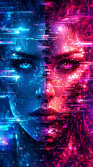 A woman&rsquo;s face is shown with bright colors in blue and pink. The image shows a mix of digital effects around her features, creating an interesting and modern look