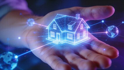 A hand holds a holographic model of a house surrounded by digital networks and connection points. This represents technology and innovation in real estate