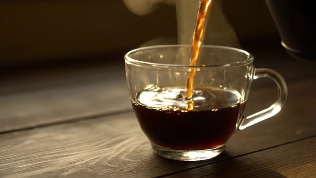 Hot coffee pouring, fresh drink motion closeup