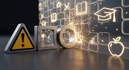 Warning shapes stopped by a glowing education symbol wall.