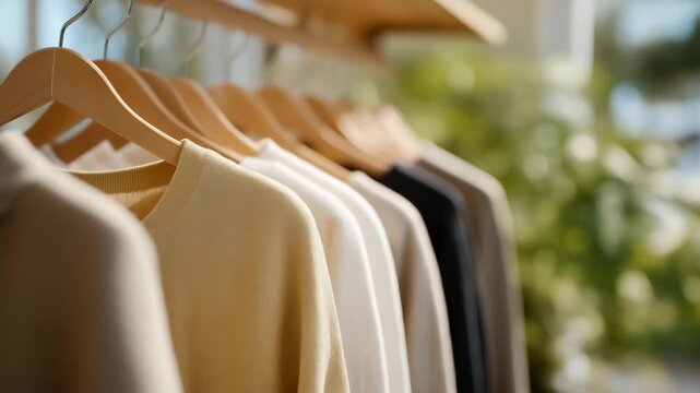 A neatly folded array of clothing in a boutique display, showcasing the latest fashion trends and inviting shoppers to explore the collection in an aesthetically pleasing environment. cinematic
