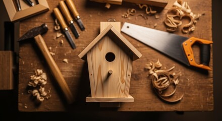 wooden birdhouse on a workshop table surrounded by carpentry tools and wood shavings