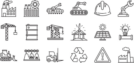 Industrial icons representing various aspects of manufacturing and renewable energy