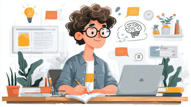 Engaging student exploring online learning with AI assistance at a cozy desk
