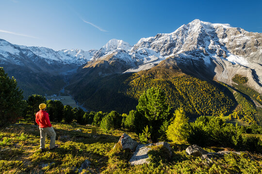 K&ouml;nigspitze, Ortler, Wanderer blickt &uuml;ber das Suldental, Sulden, Nationalpark Stilfser Joch, Trentino - Alto Adige, Italien