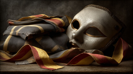 AI-generated image of a traditional Spanish carnival mask with vintage ribbons and dramatic lighting, symbolizing cultural heritage.