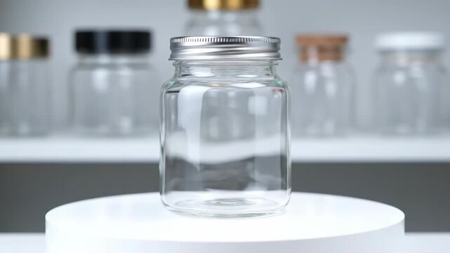 An empty glass jar with a silver lid sits on a white stand. Other glass jars are blurred in the background on a shelf.