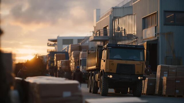 Early operations begin at a busy loading dock with trucks parked, workers preparing cargo and coordinating shipments in a fast paced supply chain setting. cinematic color correction, natural uneven