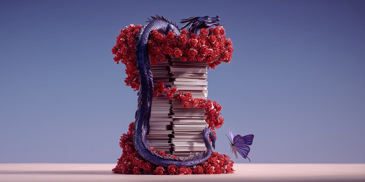 Sant jordi dragon, books, roses, and butterfly concept