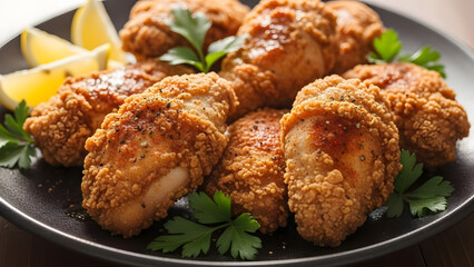 Savory fried chicken dish with crispy skin, aromatic herbs, and lemon slices for garnish