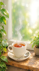 A white cup of hot tea sits on a wooden table beside a small plant. Sunlight filters through the window, creating a warm atmosphere
