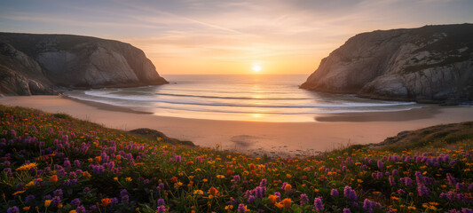 Sunset Over Coastal Cliffs with Wildflowers
