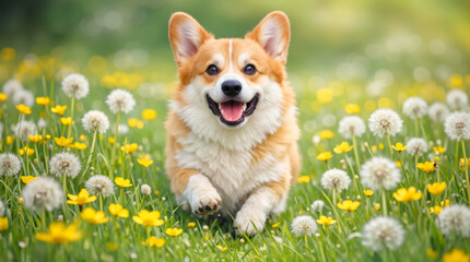 A corgi joyfully runs through a field with yellow flowers and dandelions on a sunny day. The dog's expression is happy as it enjoys the outdoors and the bright colors of spring