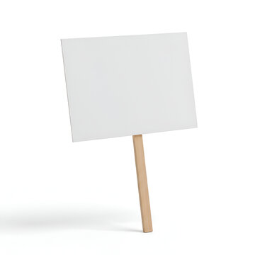 Blank white rectangular protest sign or placard on a wooden stick for rally. Isolated on white background, 