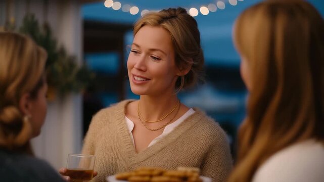 Housewarming party with mixed group of people enjoying first evening in new home, relaxed talk, shared snacks, comfort, achievement and emotional sense of belonging cinematic color correction,