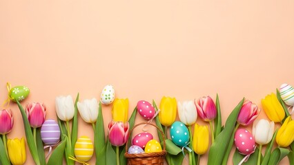 Happy easter celebration with colorful tulips and eggs