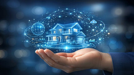 A hand holds a digital model of a house, symbolizing smart home technology. There are glowing elements around the house indicating data and connectivity in a nighttime scene