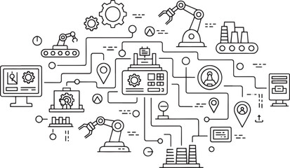 Fototapeta premium Black and white sketched of industrial machinery and technology connections sketched black and white
