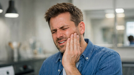 A man sits in a dental clinic holding his jaw with a pained expression. The setting has bright lights and modern decor. The man looks discomforted as he faces a dental professional