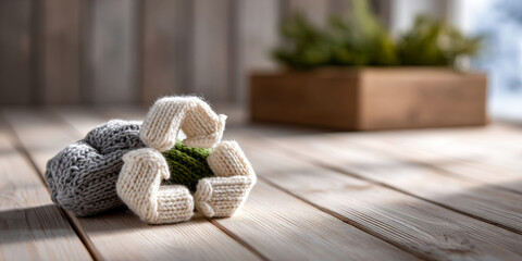 Obraz premium Knitted recycling symbol made of yarn on wooden surface with blurred plant background representing sustainability and eco-friendly concept