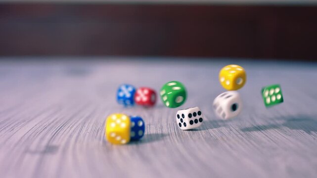 Colorful dice thrown onto table