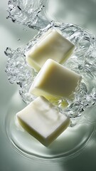 Minimalist close-up of smooth soap bars surrounded by clear water ripples. High-end skincare aesthetic with cool beige and milky tones, conveying cleanliness and purity.