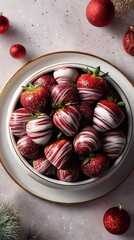 A bowl of strawberries striped with milk and white chocolate gleams under sparkling highlights. The festive scene radiates luxury and celebratory holiday charm.